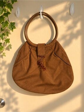 Brown Suede Beaded Fringe Shoulder Bag